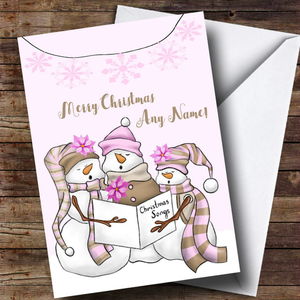 Pink Snowmen Carol Singing Personalised Childrens Christmas Card