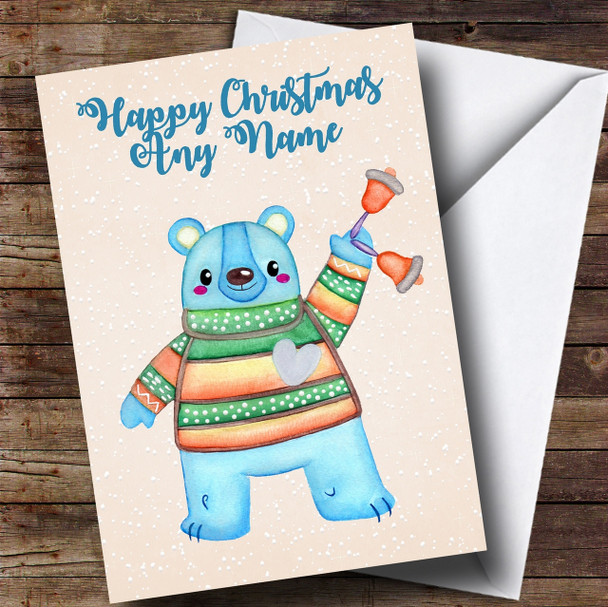 Snowy Cute Bear With Bells Personalised Childrens Christmas Card