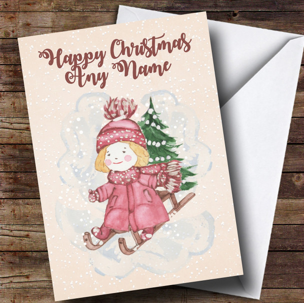 Snowy Cute Girl On Sleigh Personalised Childrens Christmas Card