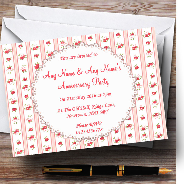Pink Red Roses Shabby Chic Stripes Personalised Anniversary Party Invitations