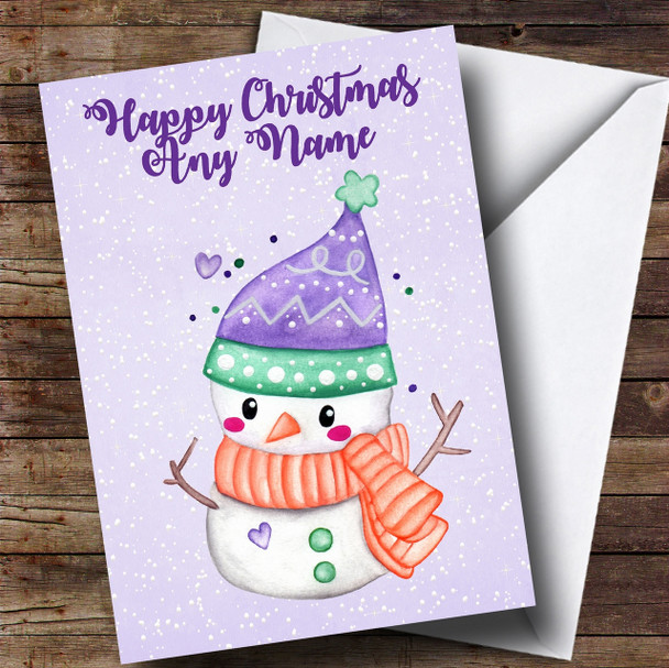 Snowy Cute Purple Snowman Personalised Childrens Christmas Card