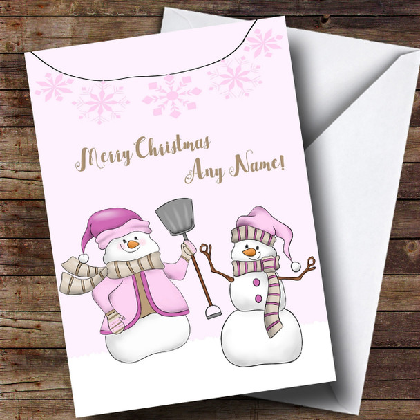 Pink Snowmen And Spades Personalised Childrens Christmas Card