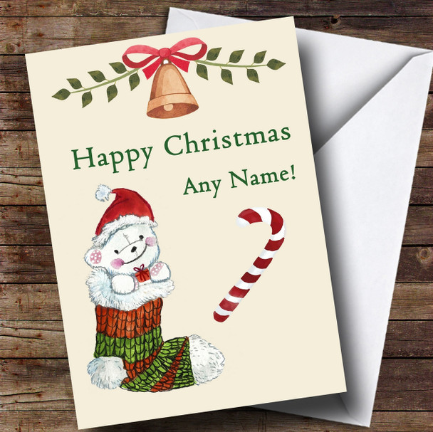 White Bear In Stocking Personalised Childrens Christmas Card