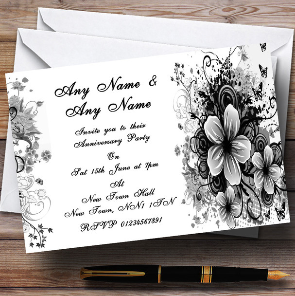 Black White Flowers Butterfly Wedding Anniversary Party Personalised Invitations