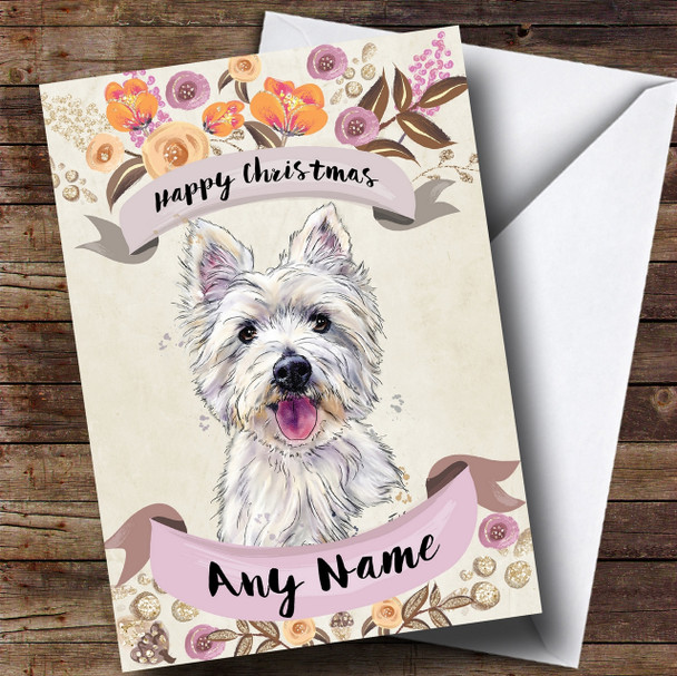 Rustic Gold Dog Westie West Highland Terrier Personalised Cute Christmas Card