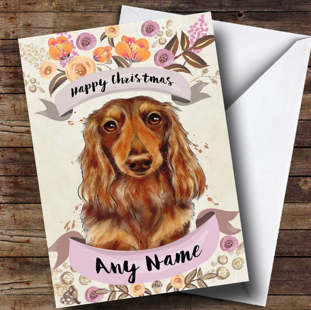 Rustic Gold Dog Long Haired Dachshund Personalised Cute Christmas Card