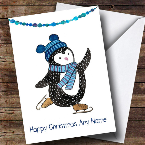 Doodle White Penguin Ice Skating Personalised Cute Christmas Card