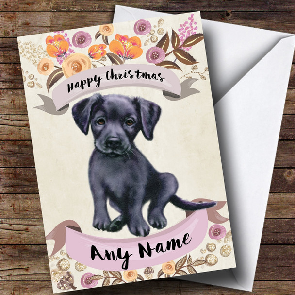 Rustic Gold Dog Black Labrador Personalised Cute Christmas Card