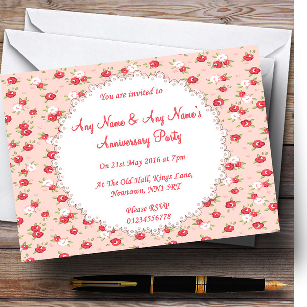 Red And Coral Pink Floral Shabby Chic Chintz Personalised Anniversary Party Invitations