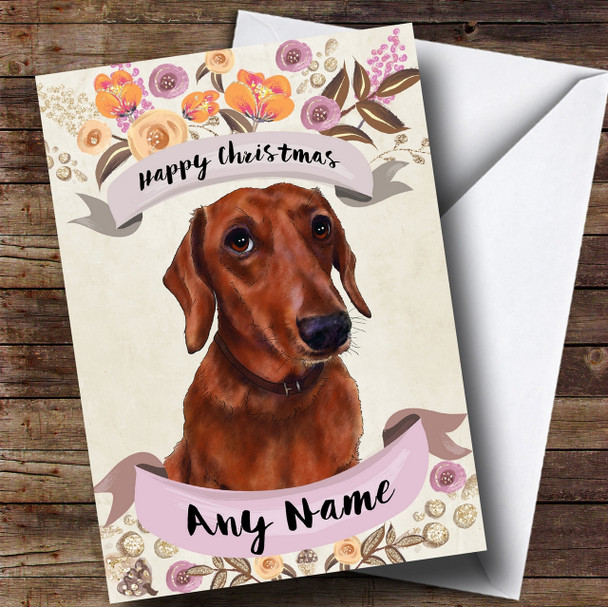 Rustic Gold Dog Dachshund Personalised Cute Christmas Card