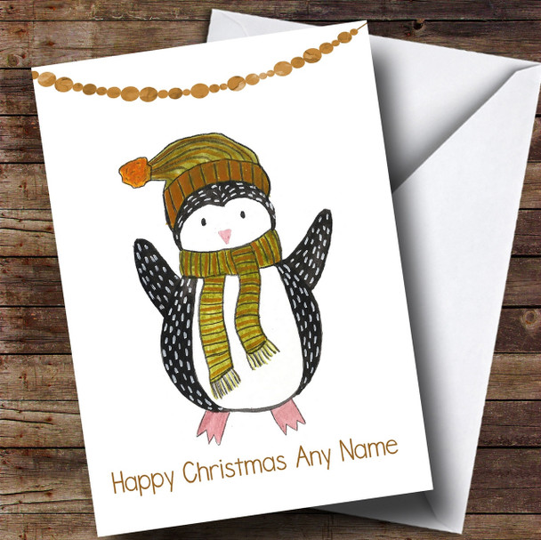 Doodle White Penguin Hat Personalised Cute Christmas Card