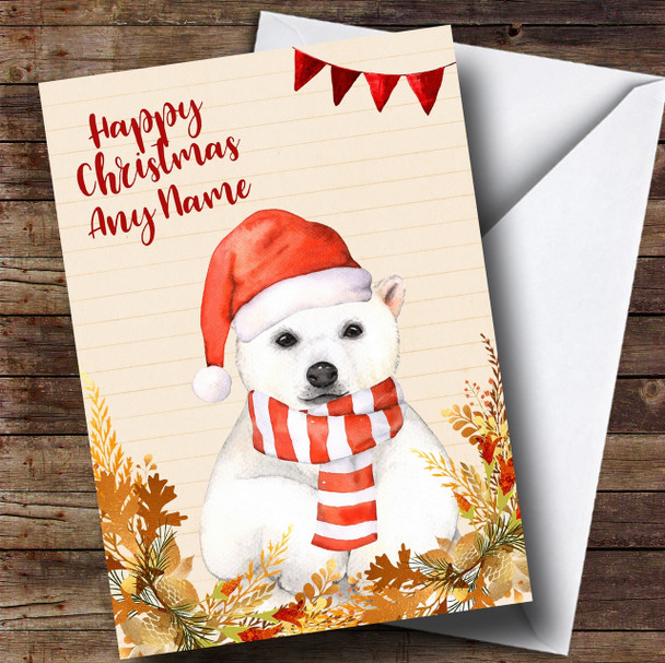 Gold Foliage Polar Bear Personalised Cute Christmas Card