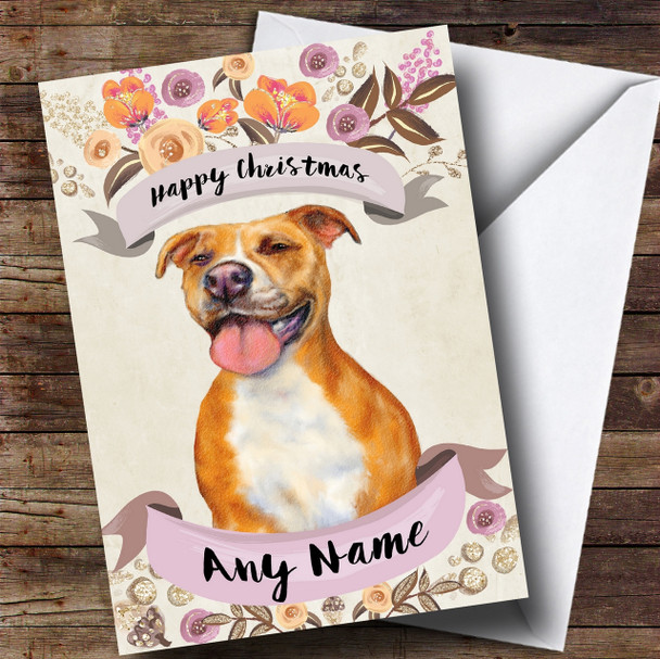 Rustic Gold Dog Pitbull Personalised Cute Christmas Card