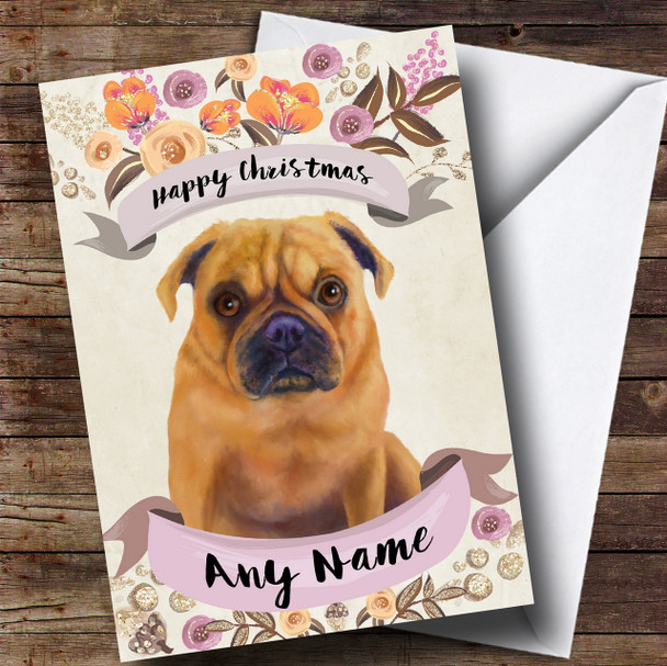 Rustic Gold Dog Pug Personalised Cute Christmas Card