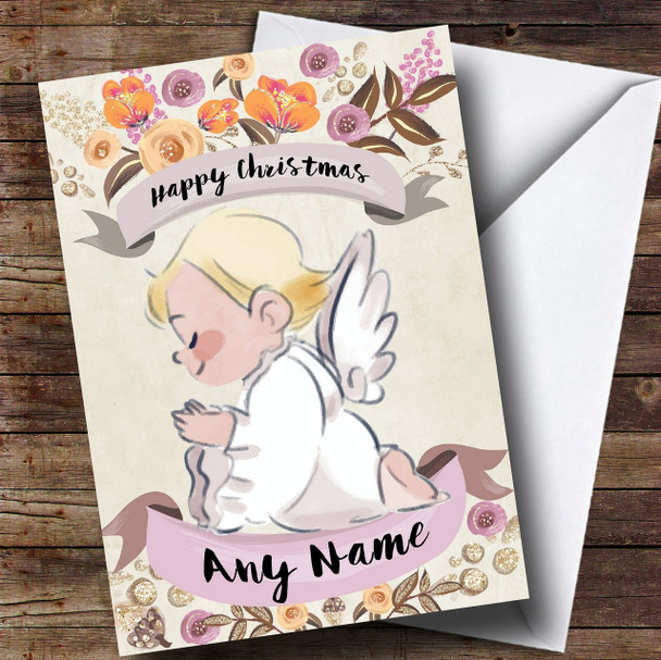 Rustic Gold Angel Personalised Cute Christmas Card