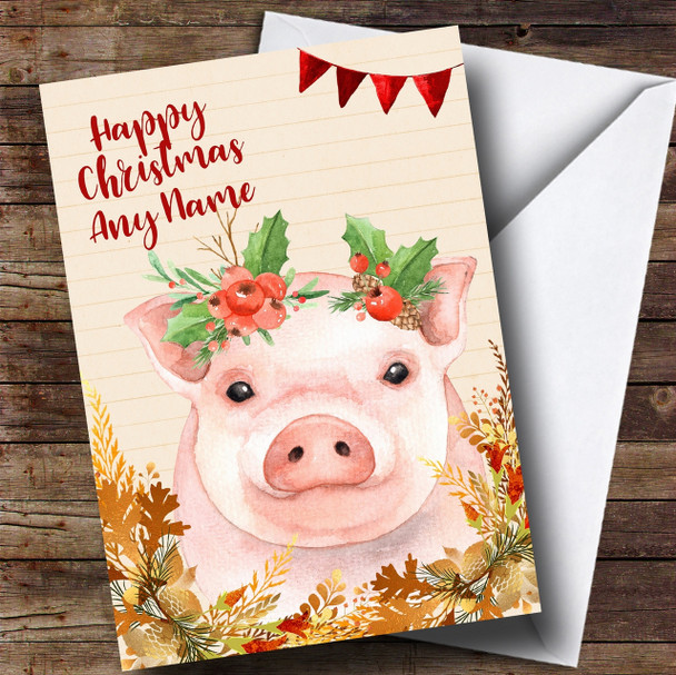 Gold Foliage Pig Personalised Cute Christmas Card