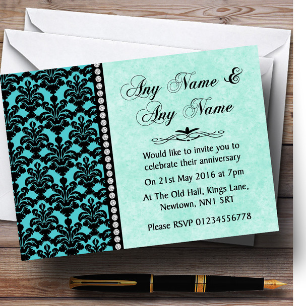 Turquoise Damask & Diamond Personalised Anniversary Party Invitations