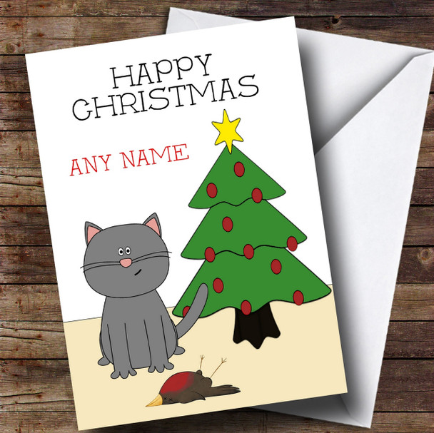 Funny Joke Humorous Cat Dead Robin Bird Personalised Christmas Card