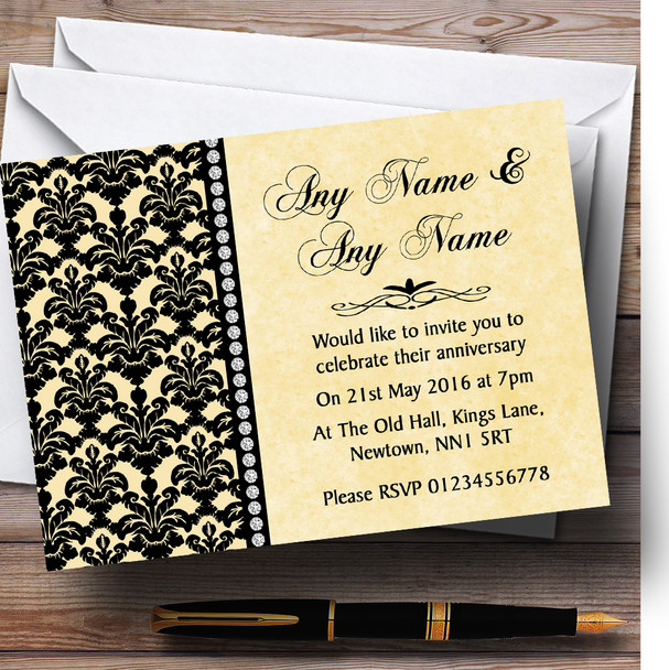 Yellow Black Damask & Diamond Personalised Anniversary Party Invitations