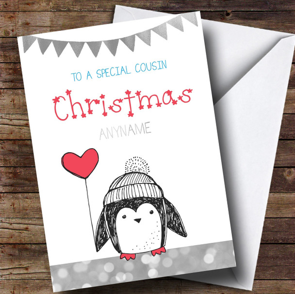 Cousin Silver Glitter Penguin Personalised Christmas Card