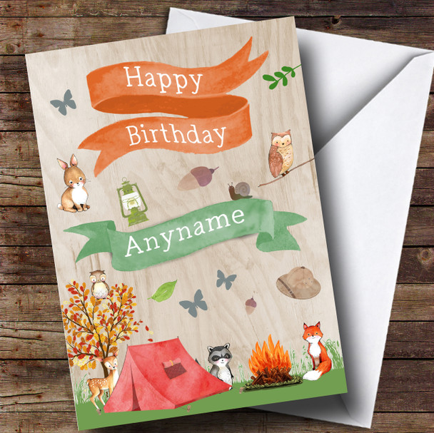 Cute Woodland Animals Tent And Camp Fire Children's Birthday Personalised Card