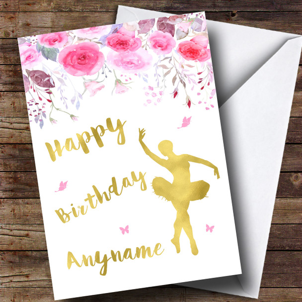 Pink Gold Floral Watercolours Ballerina Children's Birthday Personalised Card