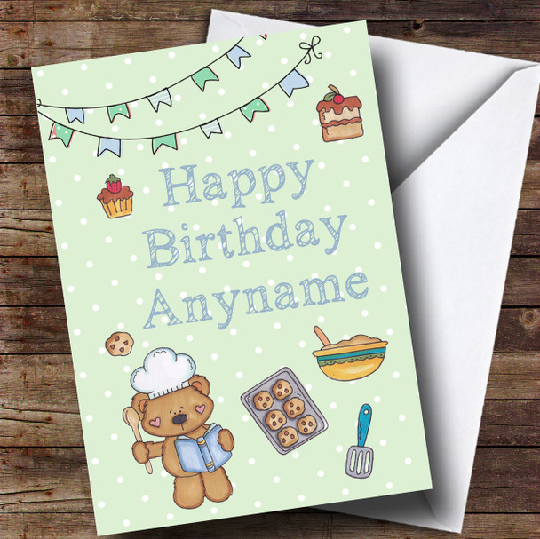 Cute Cooking Teddy Bear Green And Blue Children's Birthday Personalised Card