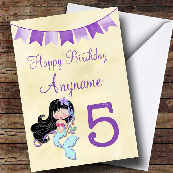 Girls Purple Age Mermaid Black Hair Children's Birthday Personalised Card