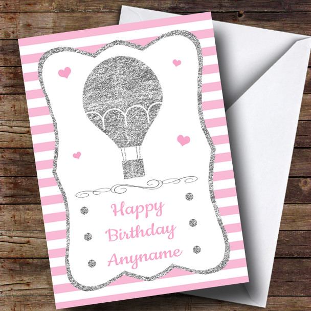 Pink Stripes Silver Hot Air Balloon Children's Birthday Personalised Card