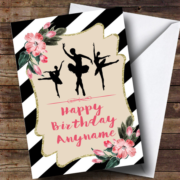 Stripes Gold Ballerina Pink Floral Children's Birthday Personalised Card