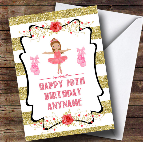 Gold Stripes Pink Girls Ballerina Children's Birthday Personalised Card