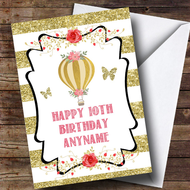 Gold Strips Pink Hot Air Balloon Children's Birthday Personalised Card