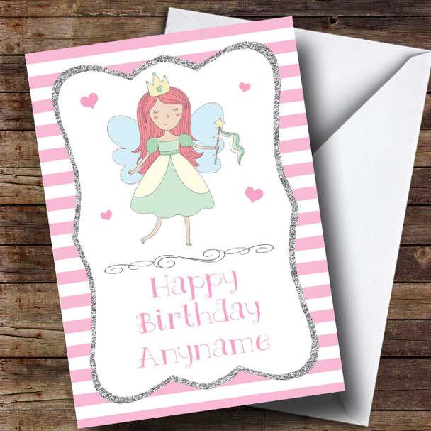 Pink Stripes Silver Girls Fairy Children's Birthday Personalised Card
