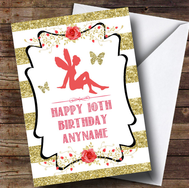 Gold Stripes Pink Girls Fairy Children's Birthday Personalised Card