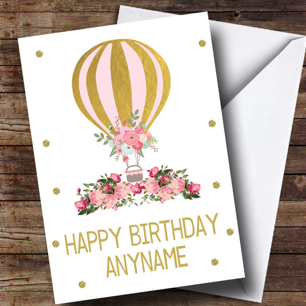 Gold Floral Hot Air Balloon Children's Birthday Personalised Card