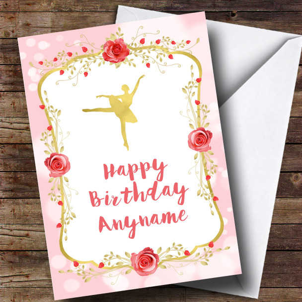 Pink Gold Roses Ballerina Children's Birthday Personalised Card