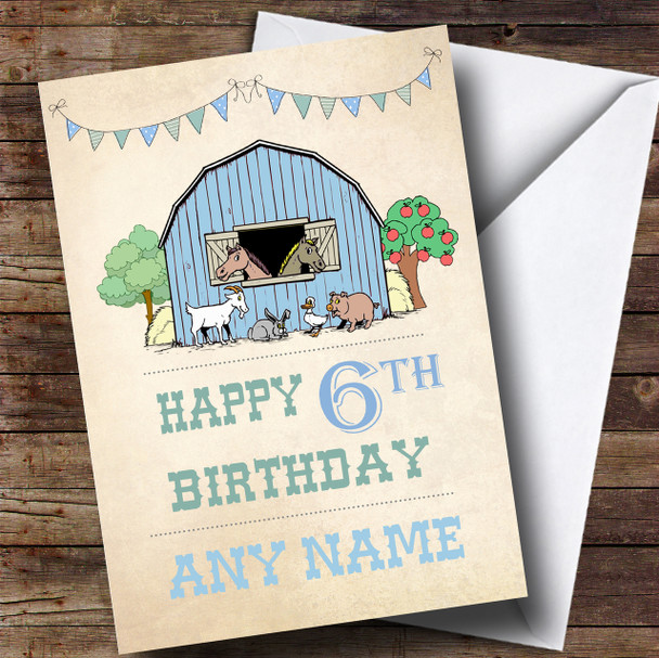 Blue Barn Farm Animals Children's Birthday Personalised Card