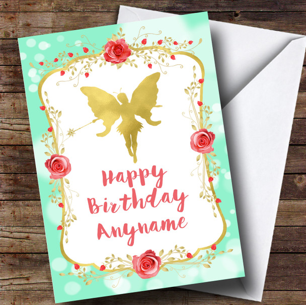Green Gold Roses Fairy Children's Birthday Personalised Card