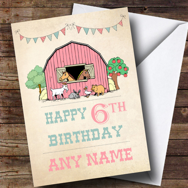 Pink Barn Farm Animals Children's Birthday Personalised Card