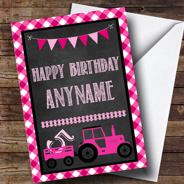Pink Tractor Age Girls Children's Birthday Personalised Card