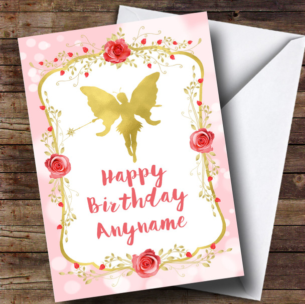 Pink Gold Roses Fairy Children's Birthday Personalised Card