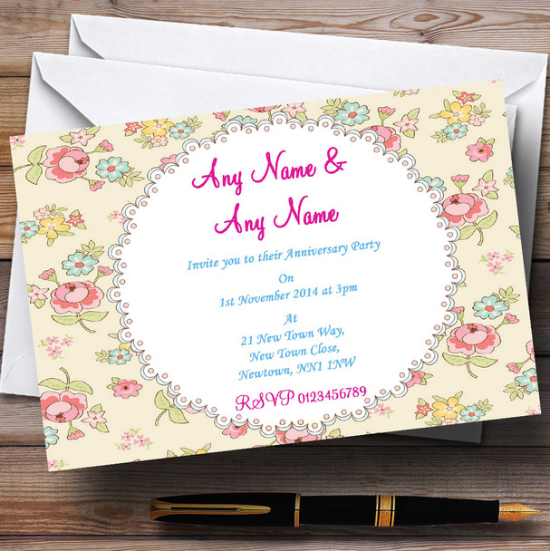 Pretty Floral Vintage Garden Wedding Anniversary Party Personalised Invitations