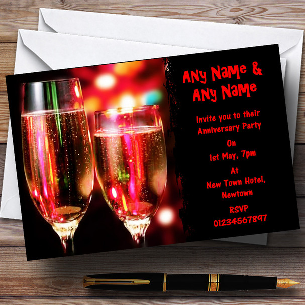 Red Champagne Glasses Wedding Anniversary Party Personalised Invitations