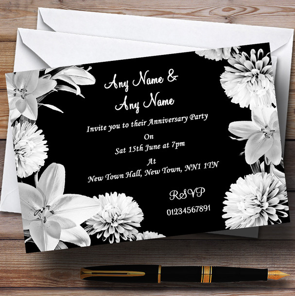 Stunning Lily Flowers Black White Wedding Anniversary Party Personalised Invitations