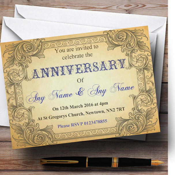 Typography Vintage Blue Postcard Personalised Anniversary Party Invitations