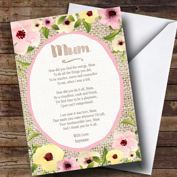 Personalised Floral Watercolour Hessian Mother Poem Mother's Day Card