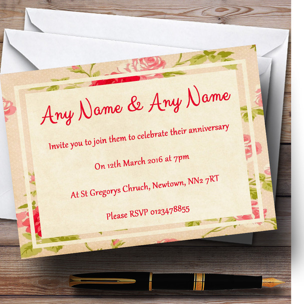 Vintage Pink Shabby Chic Flowers Postcard Style Personalised Anniversary Party Invitations