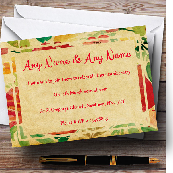 Vintage Pink Yellow  Flowers Postcard Style Personalised Anniversary Party Invitations