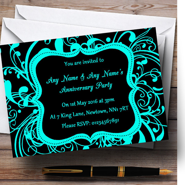 Black & Aqua Swirl Deco Personalised Anniversary Party Invitations