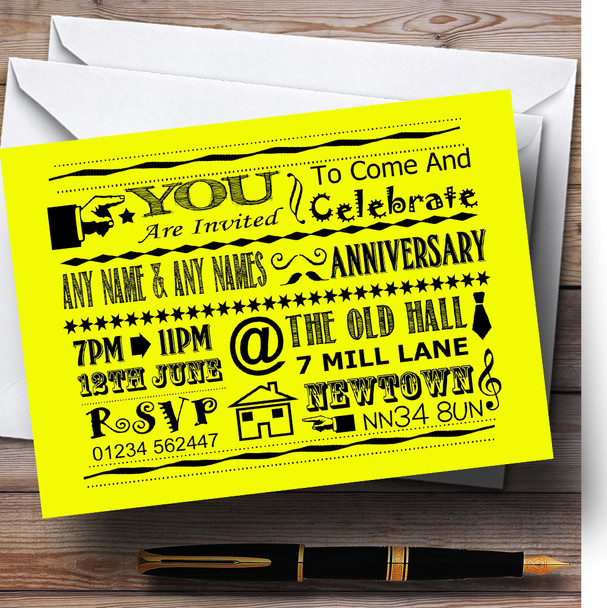 Cool Vintage Fun Chalk Typography Bright Yellow Personalised Anniversary Party Invitations